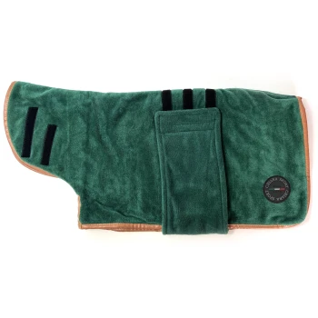 Grüne Haustierdecke mit weicher Textur, mit schwarzen Klettverschlüssen und einem runden Logo, das "CHILARA SPORT seit 2010" liest.