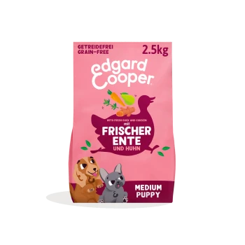 Rosa 2,5-kg-Beutel Edgard Cooper getreidefreies Hundefutter „Frischer Ente und Huhn“, Medium Puppy.