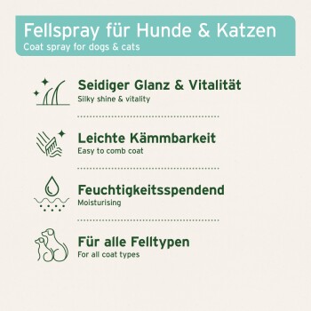 Fellspray für Hunde & Katzen, mit Vorteilen: seidiger Glanz & Vitalität, leicht kämmbar, feuchtigkeitsspendend, für alle Felltypen.