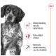 Close-up van een serieuze zwart-witte hond met tekst: 'Spierondersteuning', 'Natuurlijke verdediging', 'Optimale vitaliteitssteun.'