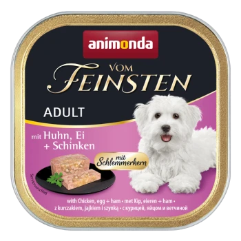 Dose mit Nassfutter für Hunde mit einem weißen Hund auf dem Etikett, mit dem Text 'animonda vom Feinsten ADULT' und 'mit Huhn, Ei + Schinken'.