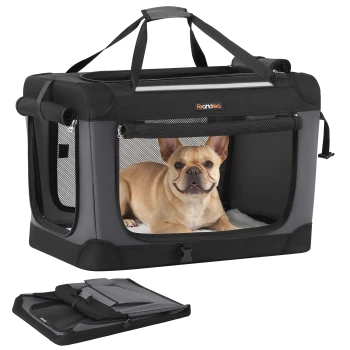 Grau-schwarze weiche Transportbox der Marke feandrea mit Netzfenstern, darunter gefaltet, darin eine hellbraune Französische Bulldogge.
