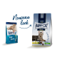 Deux sacs de nourriture pour animaux Happy Cat : un pour "grande race" et un pour "culinaire 1+ ans," tous deux avec un chat et le texte "Nouveau look."
