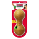 KONG Bamboo traktatie dispenser speelgoed, in de vorm van een dumbbell, gemaakt van bamboe, met een groene opening voor traktaties, op een rode achtergrond.