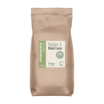 Braune Papiertüte mit der Aufschrift 'Relax BioCare' für Pferde, 0,75 kg, mit dem Text 'Pferdeerde Natur' und 'Neues Design, Gleicher Inhalt.'