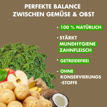 Frisches Gemüse und Obst mit Text: "100% natürlich", "stärkt die Mundhygiene", "getreidefrei" und "ohne Konservierungsstoffe."