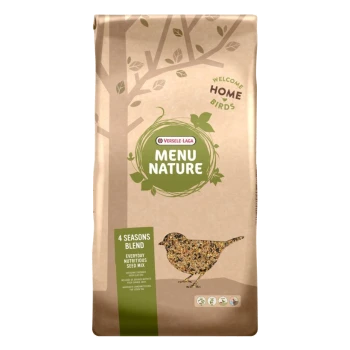 Sac en papier marron de graines pour oiseaux Versele-Laga Menu Nature 4 Seasons Blend, présentant un graphique d'oiseau et le texte "Welcome Home Birds."