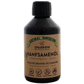 Eine dunkle Flasche Hanfsamenöl mit dem Etikett "HanfSamenöl" mit Text in Deutsch und Französisch, mit "Natural Superfood" und "Eco Friendly."