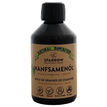 Eine dunkle Flasche Hanfsamenöl mit dem Etikett "HanfSamenöl" mit Text in Deutsch und Französisch, mit "Natural Superfood" und "Eco Friendly."