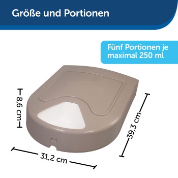 PetSafe Portionskontrollfütterer, Maße 39,3 cm x 31,2 cm x 8,6 cm, fasst fünf Portionen von bis zu 250 ml.