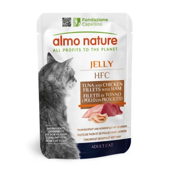 Tüte Almo Nature Katzenfutter mit Thunfisch- und Hähnchenfilets mit Schinken, gekennzeichnet mit "Jelly HFC," mit dem Profil einer Katze an der Seite.