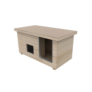 Beige rechteckiges Holz-Haustierhaus mit flachem Dach, kleinem quadratischem Eingang und größerer, grau umrahmter Türöffnung.