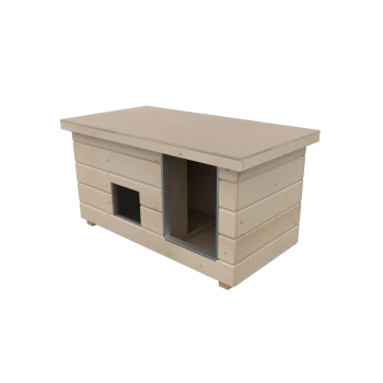 Beige rechteckiges Holz-Haustierhaus mit flachem Dach, kleinem quadratischem Eingang und größerer, grau umrahmter Türöffnung.