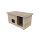 Beige rechteckiges Holz-Haustierhaus mit flachem Dach, kleinem quadratischem Eingang und größerer, grau umrahmter Türöffnung.