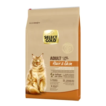 Select Gold cat food bag featuring a fluffy orange cat, labeled "Adult Hair & Skin," with text highlighting benefits for sensitive skin and coat.