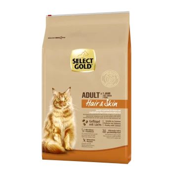 Sac de nourriture pour chat Select Gold avec un chat orange duveteux, étiqueté 'Adult Hair & Skin', avec un texte mettant en avant les avantages pour la peau et le pelage sensibles.