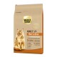 Select Gold kattenvoerzak met een fluffy oranje kat, gelabeld 'Adult Hair & Skin', met tekst die voordelen voor gevoelige huid en vacht benadrukt.