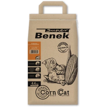 Super Corn Cat 7 l Braune Papiertüte mit Benek Klumpstreu für Katzen, mit zwei verspielten Kätzchen und einer Maisillustration, beschriftet mit 'natürlich' und '44 kg'.