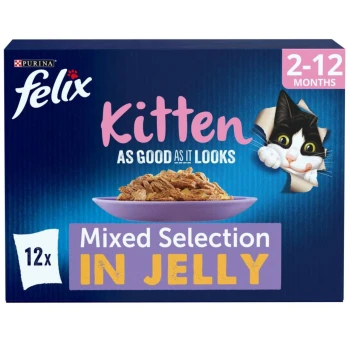 Felix Kitten food packaging featuring a bowl of mixed selection in jelly, with a playful cat peeking from the side.