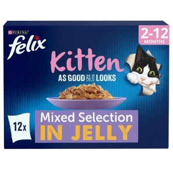 Felix Kitten food packaging featuring a bowl of mixed selection in jelly, with a playful cat peeking from the side.