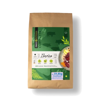 Braune Tüte Favly Petfood Complete Iberico Hundefutter mit Bildern von Schweinen und Text auf Deutsch.