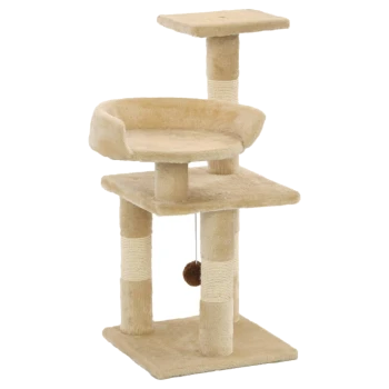 Ein beiger Katzenbaum mit drei Ebenen, der eine gemütliche obere Plattform, eine mittlere Plattform und einen Kratzbaum mit einem hängenden Spielzeug bietet.