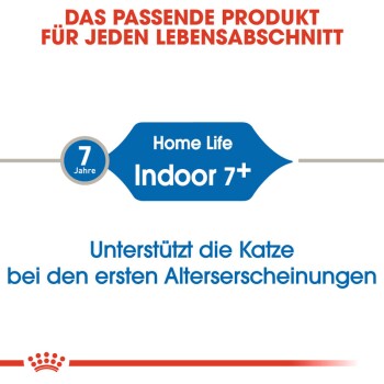 Produktetikett für Katzenfutter, mit "Home Life Indoor 7+" und Text, der besagt, dass es Katzen mit frühen Anzeichen des Alterns unterstützt.