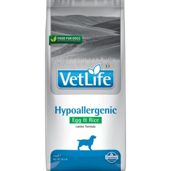 VetLife Hypoallergen Ei & Reis Hundefuttertüte, 12kg, mit einem grünen "Futter für Hunde"-Label und einer Silhouette eines Hundes.