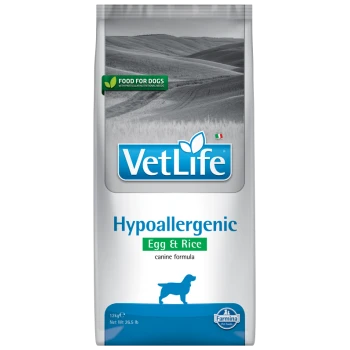 VetLife Hypoallergen Ei & Reis Hundefuttertüte, 12kg, mit einem grünen "Futter für Hunde"-Label und einer Silhouette eines Hundes.