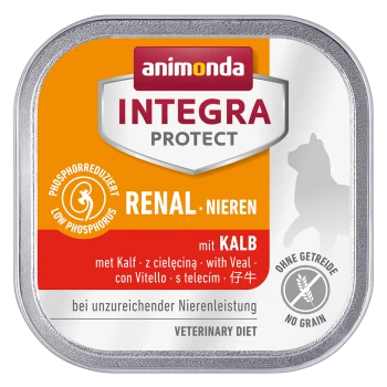 Eine Dose Animonda Integra Protect Renal Hundefutter mit einem orangefarbenen Hintergrund, mit "Niedriger Phosphor," "Veterinärdiät," und einer Hundesilhouette.