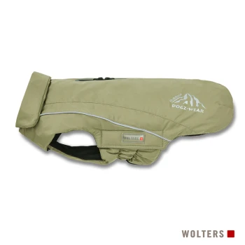 Jasnozielona kurtka dla psa z kołnierzem do podwinięcia, z napisem "Outdoor DOGZ-WEAR" i logo górskim, od marki WOLTERS.