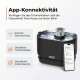 Schwarzer ZEDAR-Trinkbrunnen für Katzen mit Smartphone-App; deutscher Titel "App-Konnektivität" und drei Aufzählungspunkte mit Funktionen auf Deutsch.
