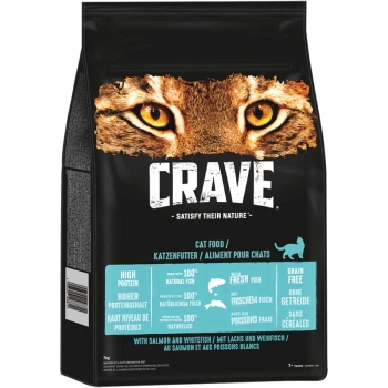 Schwarze Katzenfuttertasche mit einer Nahaufnahme des Gesichts einer Katze, beschriftet mit "CRAVE - Satisfy Their Nature," das hohen Proteingehalt und getreidefrei hervorhebt.