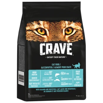 Schwarze Katzenfuttertasche mit einer Nahaufnahme des Gesichts einer Katze, beschriftet mit "CRAVE - Satisfy Their Nature," das hohen Proteingehalt und getreidefrei hervorhebt.