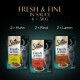 Sheba Fresh & Fine Katzenfutter in Sauce, bestehend aus drei Beuteln: 2 mit Huhn, 2 mit Rind und 2 mit Lamm, jeweils 50g.