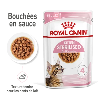 Pochette de nourriture pour chaton Royal Canin pour chats stérilisés de 6 à 12 mois, avec une texture tendre et une suggestion de service avec une image de chaton.