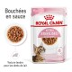 Pochette de nourriture pour chaton Royal Canin pour chats stérilisés de 6 à 12 mois, avec une texture tendre et une suggestion de service avec une image de chaton.