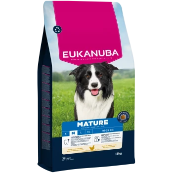Eukanuba Mature Hundefutter für 7-10 Jahre alte Hunde von 10-25 kg, reich an frischem Huhn, mit einem Border Collie auf der Vorderseite.