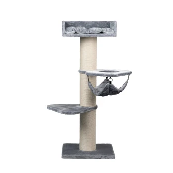 Grauer Katzenbaum mit einer oberen Plattform, einer mittleren Plattform und einer hängenden Hängematte, entworfen zum Klettern und Entspannen.