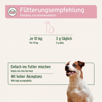 Das Bild zeigt eine Fütterungsempfehlung für Hunde, die besagt "3 g täglich pro 10 kg" mit einem glücklichen Hund auf der rechten Seite und Text in Deutsch und Englisch.