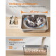 Metall-Katzentoilette mit grau-weißer Katze; deutsche Beschriftungen: ‚Geräumig und bequem‘, ‚45 cm‘, ‚22 Tage‘, ‚Max. 23,6 Liter‘