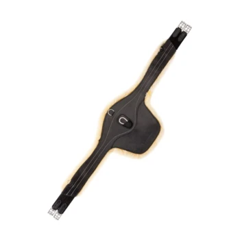 Schwarzer Pferdegurt mit weicher Polsterung und Metallbeschlägen, entworfen für Komfort und Stabilität beim Reiten.