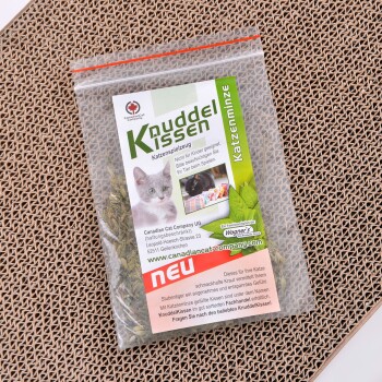 Packung mit dem "Knuddel Kissen" Katzenspielzeug, das ein verspieltes Kätzchen und eine Katze mit einem Spielzeug zeigt, mit deutschem Text über das Produkt und seine Verwendung.
