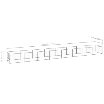 Ein detailliertes Diagramm eines großen Haustiergeheges, das 800 cm lang, 100 cm breit und 70 cm hoch ist, mit einem Drahtgitterdesign.
