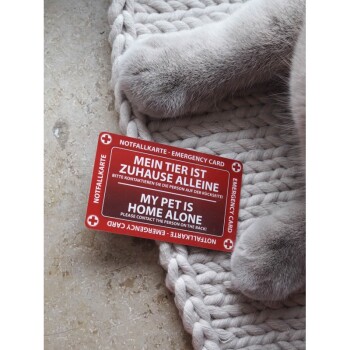 Notfallkarte auf einer strukturierten Matte, mit Text in Deutsch und Englisch, der besagt: 'Mein Haustier ist allein zu Hause' und Kontaktanweisungen.