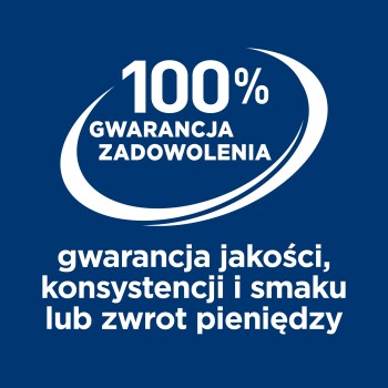 Badge bleu avec texte blanc : « GARANTIE DE SATISFACTION À 100 % » ; qualité, constance et goût ou remboursement.