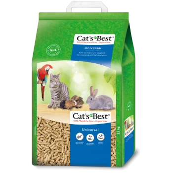 Cat's Best Universele organische kattenbakvulling op hout, met een papegaai, kat, cavia en konijn, met niet-klonterende en biologisch afbreekbare tekst.
