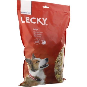 Sac rouge de friandises pour chiens étiqueté "LECKY Babys" avec un chien souriant sur le devant, avec un texte indiquant "Mini-Knöcheln, Mini-osselets, Mini-ossicini."