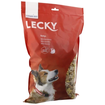 Roter Beutel mit Hundeleckerlis, beschriftet mit "LECKY Babys" und einem lächelnden Hund auf der Vorderseite, mit Text, der "Mini-Knöcheln, Mini-osselets, Mini-ossicini" angibt.