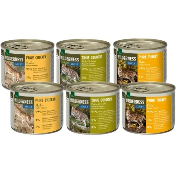 WILDERNESS Adult Zestaw mieszany 6 x 200 g Zestaw mieszany 3 Sześć puszek karmy dla zwierząt oznaczonych 'Wilderness' z smakami: Czysty Kurczak, Prawdziwa Wieś (Kurczak i Łosoś) oraz Czysty Indyk, z informacjami żywieniowymi.